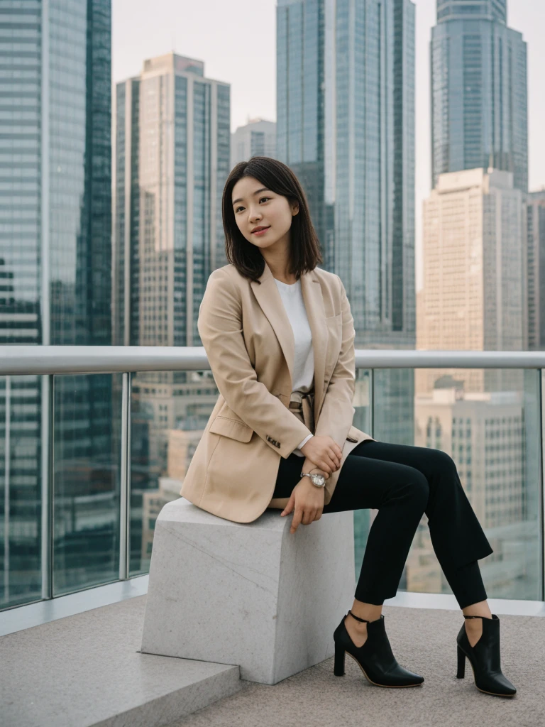 her name is Asako, high quality, 1girl, ((20-year-old fit Caucasian woman)), ((20 years old)), ((slim)), ((Korean Short Bob)), pose: standing, wearing Contemporary Generation-Z modern wear different colored, BACKGROUND: "Overlooking the skyline from Victoria Peak, with the city’s skyscrapers lit up against the night sky."