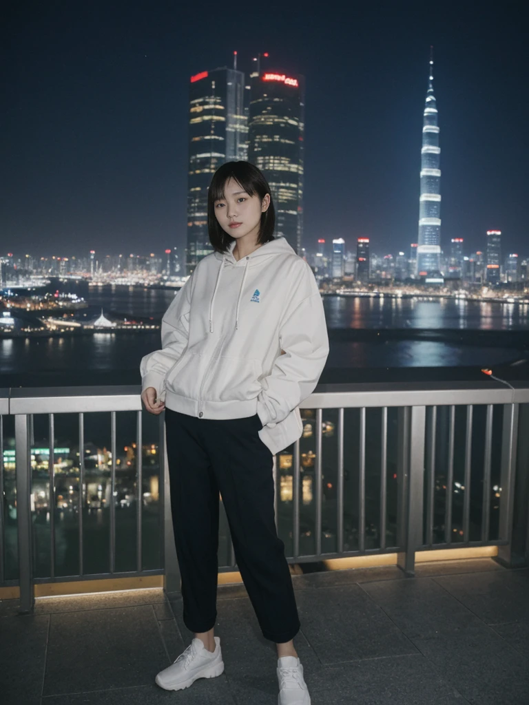 her name is Asako, high quality, 1girl, ((20-year-old fit Caucasian woman)), ((20 years old)), ((slim)), ((Korean Short Bob)), pose: standing, wearing Contemporary Generation-Z modern wear different colored, BACKGROUND: "Overlooking the skyline from Victoria Peak, with the city’s skyscrapers lit up against the night sky."