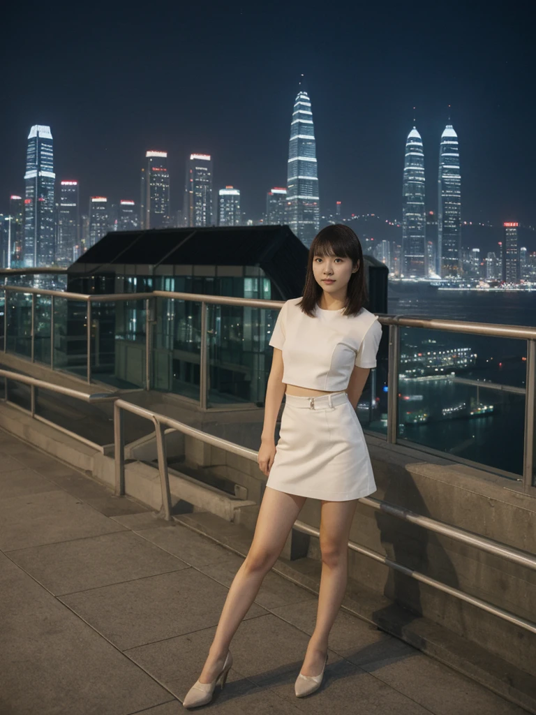 her name is Asako, high quality, 1girl, ((20-year-old fit Caucasian woman)), ((20 years old)), ((slim)), ((Korean Short Bob)), pose: standing, wearing Contemporary Generation-Z modern wear different colored, BACKGROUND: "Overlooking the skyline from Victoria Peak, with the city’s skyscrapers lit up against the night sky."