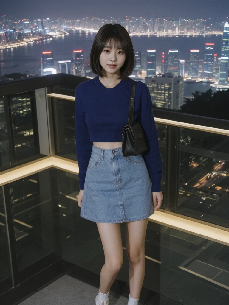 her name is Asako, high quality, 1girl, ((20-year-old fit Caucasian woman)), ((20 years old)), ((slim)), ((Korean Short Bob)), pose: standing, wearing Contemporary Generation-Z modern wear different colored, BACKGROUND: "Overlooking the skyline from Victoria Peak, with the city’s skyscrapers lit up against the night sky."