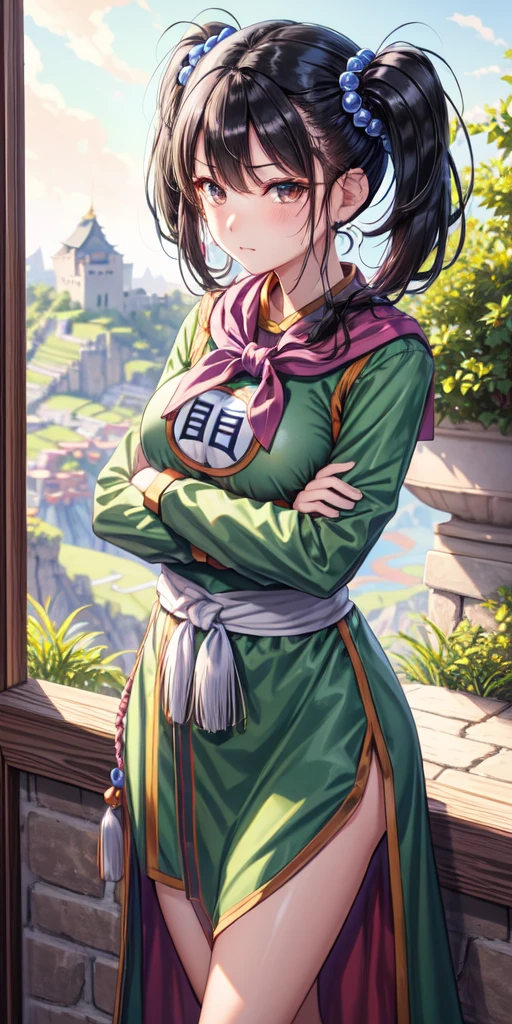masterpiece, best quality, 4k, 8k, fighter (dq3), 1girl, solo, long hair, twintails, looking at viewer, black hair, hair ornament, long sleeves, dress, medium breasts, closed mouth, cowboy shot, black eyes, chinese clothes, hair bobbles, clenched hand, crossed arms, Feet Apart, Ancient Castle