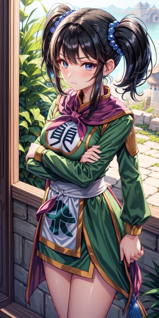 masterpiece, best quality, 4k, 8k, fighter (dq3), 1girl, solo, long hair, twintails, looking at viewer, black hair, hair ornament, long sleeves, dress, medium breasts, closed mouth, cowboy shot, black eyes, chinese clothes, hair bobbles, clenched hand, crossed arms, Feet Apart, Ancient Castle