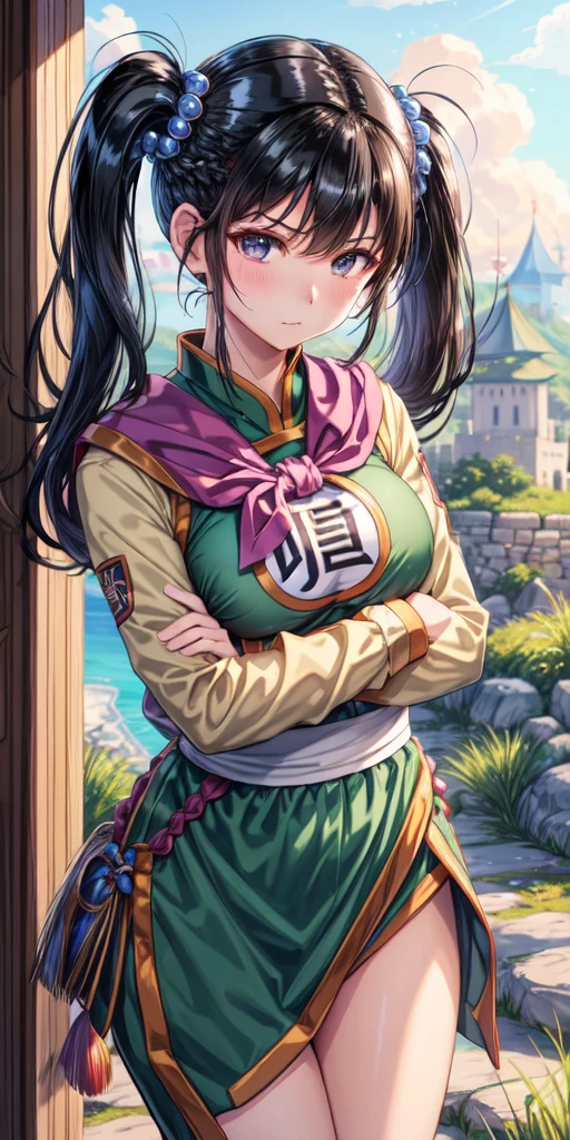 masterpiece, best quality, 4k, 8k, fighter (dq3), 1girl, solo, long hair, twintails, looking at viewer, black hair, hair ornament, long sleeves, dress, medium breasts, closed mouth, cowboy shot, black eyes, chinese clothes, hair bobbles, clenched hand, crossed arms, Feet Apart, Ancient Castle