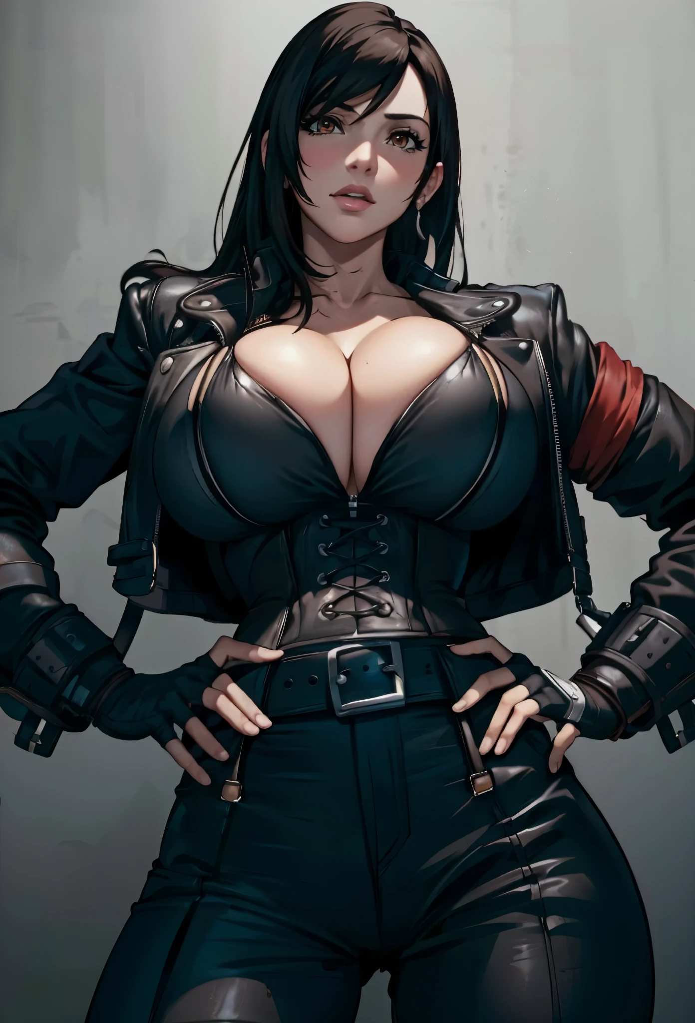 a closeup of a woman in a leather jacket and black pants, retrato de Tifa lockhart, Tifa lockhart, Tifa, seductive retrato de Tifa lockhart, retrato de Tifa lockhart, Tifa lockheart, glamorosa Tifa lockheart, anime rudo 8k, Tifa lockhart con el pelo blanco, high resolution commission, by Yang J., Extremely detailed artistic germ