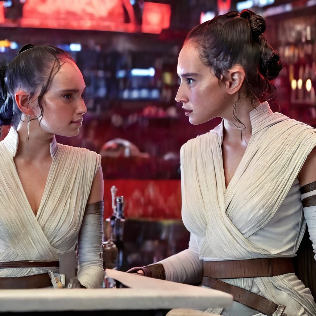 (rey skywalker (large breasts cleavage) and kylo ren relaxing at bar drinking smiling, masterpiece night-club crowds of star-wars characters clone-troopers Twi'lek-females aliens creatures laughing drinking rebel-soldiers girl-rebel-pilots:1.2), (best quality, expressive eyes, perfect face uhd high definition photograph, extremely detailed eyes face nose hands, perfect hands fingers,rey,Perfect Hands, 