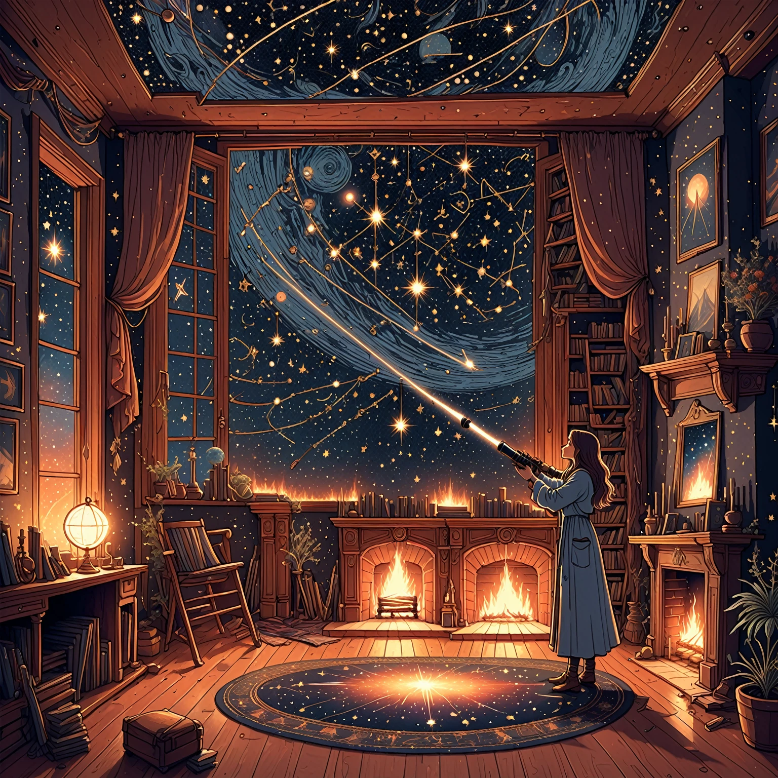 illustrate line drawing, perfection, telescope in room looking out onto stars, nuanced, mastercraft, timeless ethereal wizard (our wizard resembles amalgumation of lesser known 2000s era pop divas) she is pulling strings of lights, tapestry of stars in space and time, stars in cosmos, setting tapestry of cosmic star constellations, in wodden nook, fireplace, warm fire tones underneath sprawling cosmos, telescope