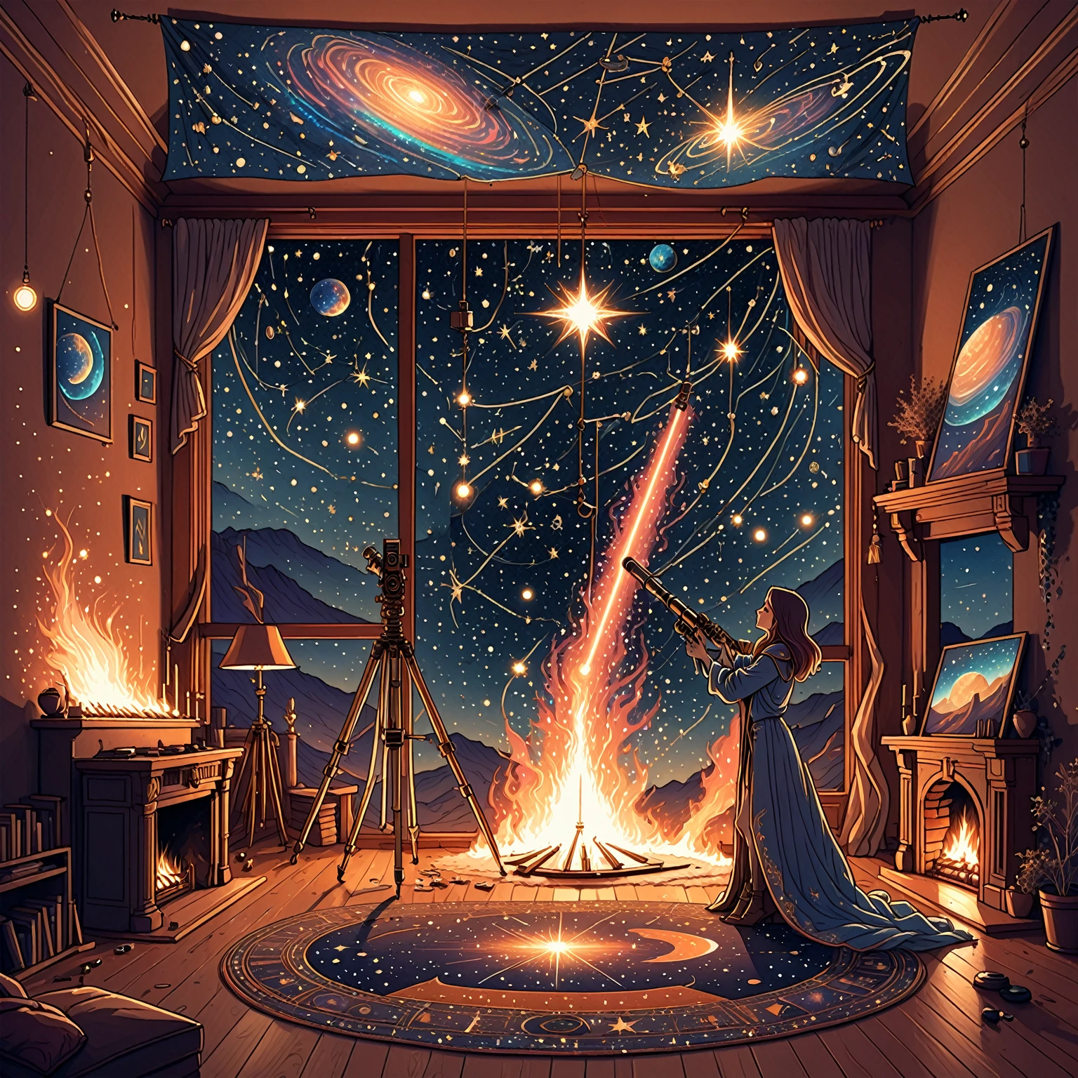 illustrate line drawing, perfection, telescope in room looking out onto stars, nuanced, mastercraft, timeless ethereal wizard (our wizard resembles amalgumation of lesser known 2000s era pop divas) she is pulling strings of lights, tapestry of stars in space and time, stars in cosmos, setting tapestry of cosmic star constellations, in wodden nook, fireplace, warm fire tones underneath sprawling cosmos, telescope
