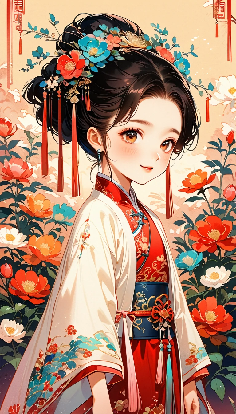 A beautiful young little girlonal Chinese attire, sweet smile, from side, kawaii pose, charming and attractive sexy pose, surrounded by a lush garden. gazing at it with gentle eyes. The woman's hair is styled in an elaborate updo adorned with flowers and traditional ornaments. Her dress is elegant, pink and white color tone, featuring fine silk with floral embroidery. The garden is in full bloom, with peonies and other flowers providing a backdrop. The scene captures the serenity and beauty of classical Chinese art, with a touch of nature harmony, (((Ultra-high saturation, high natural saturation, extremely bright colors)))