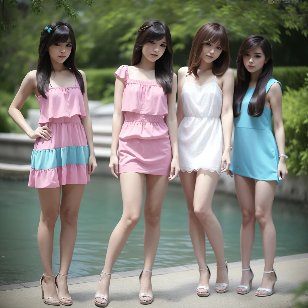 A beautiful 4 girls in pink blue aqua and red tight mini house dress, wearing bikini g-string, full body, with female friends, bobbed long hair, bangs hairstyle, high heels, little smile, standing,(best quality,4k,8k,highres,masterpiece:1.2),ultra-detailed,(realistic,photorealistic,photo-realistic:1.37),vivid colors,high fashion,glamour,portrait,fashion,beauty