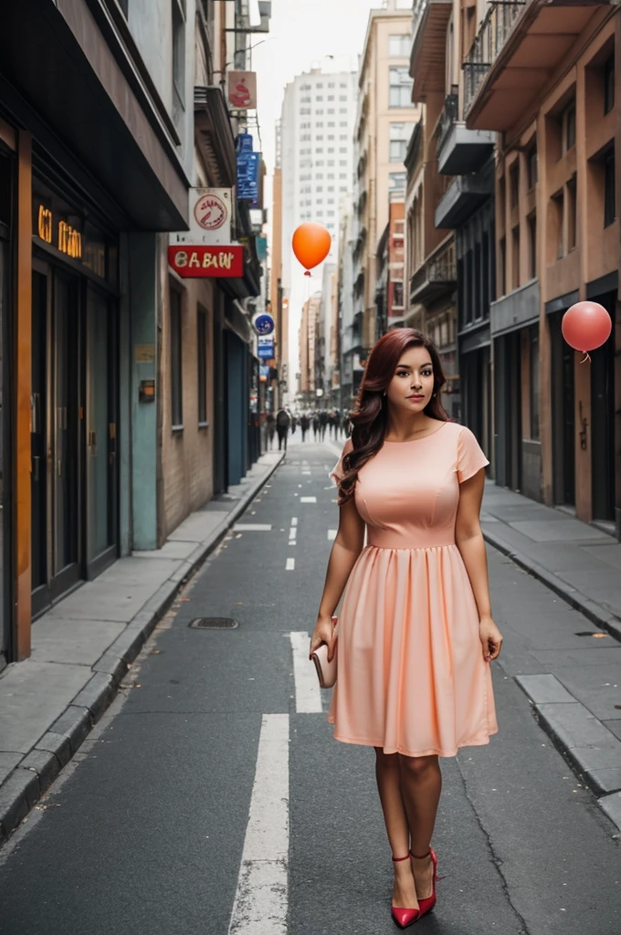 A very beautiful woman wearing a beautiful peach dress and standing on the streets of the city, she came to have clear and alluring curves and her hair long and dense dark red balloon