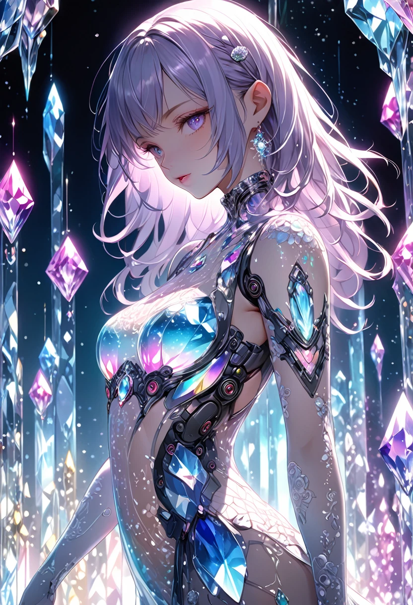 crystal covered, upper body, side shot, alternate color, masterpiece, detailed illustration, realistic, pixiv top quality, exquisite, {{{kawaii 1girl}}}, ultra beauties who fuse with machines, elaborate shabby chic pattern, glitter beautiful female, Half of my body is made of machines, transparent glass body, The machines inside the body are transparent, cinematic lighting, dynamic angle, dynamic pose, crystal world, depth of field,Full body portrait