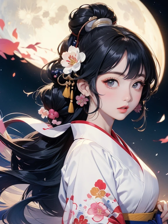 (Highest quality、masterpiece、High resolution、8K)、Ukiyo-e、Vibrant colors、Katsushika Hokusai、1 female、Black hair Japanese topknot、The kimono has a vivid floral pattern on a white background.、White waves and Mt. Fuji、Flowers and Moon、White waves and the moon、Official Art、背景はUkiyo-e風