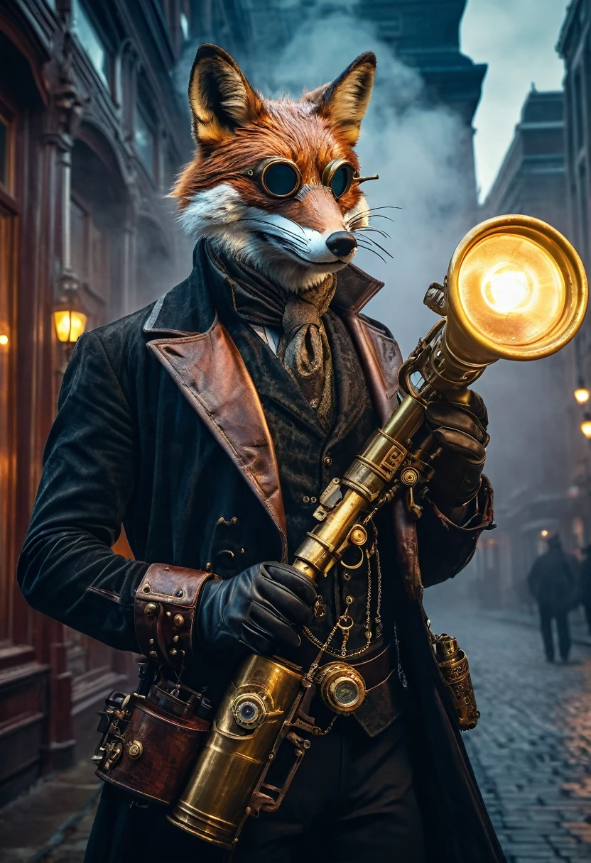 a victorian xix century, gaslamp fantasy style scene, steampunk detective with a glass mechanical arm, a broken fox mask covers half of its face. a giant three barrel steampunk brass shotgun resting on his shoulder, in a dynamic pose, leather outfit. Standing over a building edge, on the background the city streets and buildings in fog, moody lighting, fog ethereal dramatic atmosphere, high contrast, cinematic, intricate details, ornate steampunk design, brass metal textures, glowing steam vents, mechanical gears, cogs, rivets, steam powered technology, chiaroscuro lighting, deep shadows, cool color tones, muted palette, photorealistic, 8k, ultra-detailed, best quality, masterpiece.