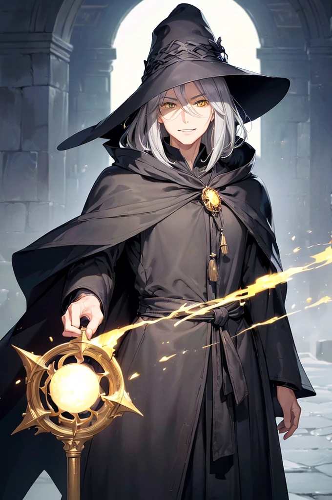 (masterpiece; best quality: 1.2), (finely detailed eyes: 1.3), ((75-years-old man)), ((solo)), (yellow eyes: 1.4), (body; lean, old, mature: 1.3), (long gray hair: 1.3), (beautiful and clear background: 1.2), ((depth of field)), (equipment: traveler mage dark robe + dark pointed hat + dark cloak: 1.3), (anime illustration: 1.2), (background composition; palace garden exterior: 1.1), (extremely fine and handsome: 1.1), (shot composition; standing + centered on torso + close-up: 1.5), (expression; calm, smile: 1.2)