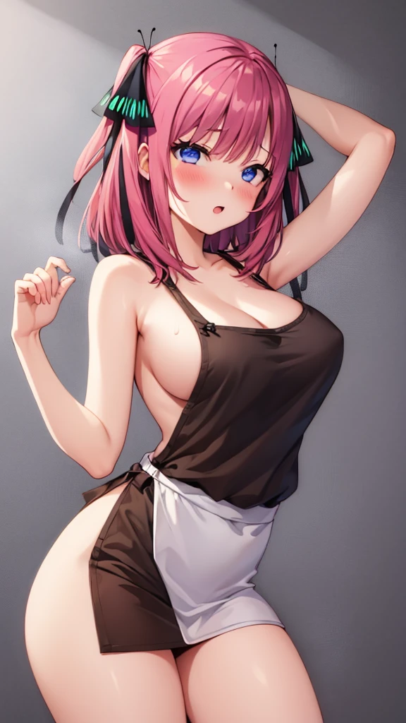1 girl, Alone, nakano nino, pink hair, butterfly hair ornament, (naked:1.3), (White apron), big breasts, neckline, Thighs, coffee background, (blush:1.3)