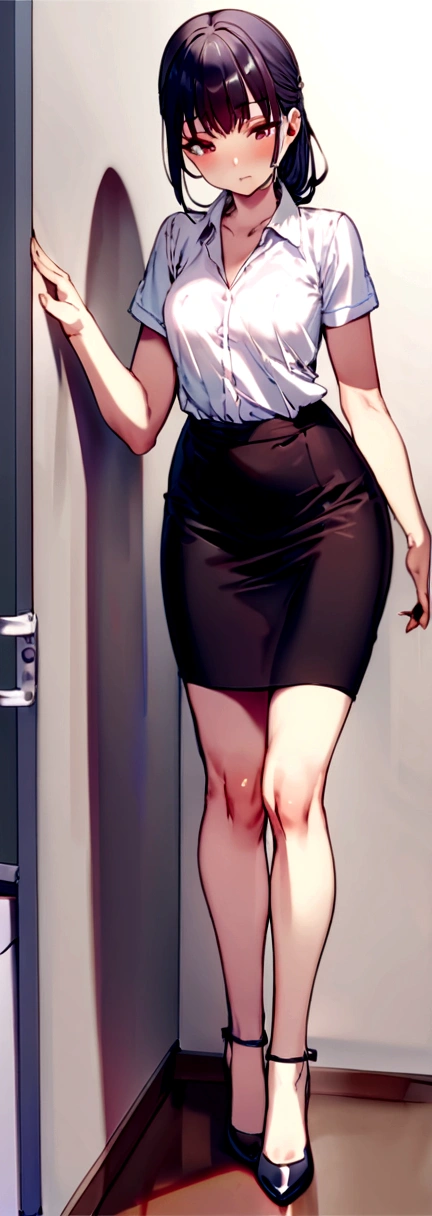 (1 person、alone), Beautiful woman, (Anatomically perfect body, thin、(OL, office lady)、(Short sleeve blouse、Highest、Pencil Skirt)、 (Looking down, Downward:1.1)、 age、(Highest品質)、Black Hair, (Half Up:1.2), (inner thigh, Leaning forward:1.1)、(Squat)、(office)、(8K, High resolution)、(shy:1.4)、Small breasts, (vapor:1.1), (Embarrassing:1.3)、High resolutionの顔、(Pussy juice:1.2), (Embrace your chest), (close ~ eye), High heels