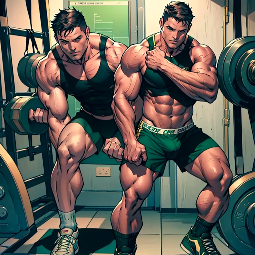 8k,high quality, solo man ,hunk and handsome mature man, Stephen AMELL in mid fourties shirtless , wearing a dark green shorts and shoes , showing his musclesand bulge , in a gym doing dumbbells, 1 man show