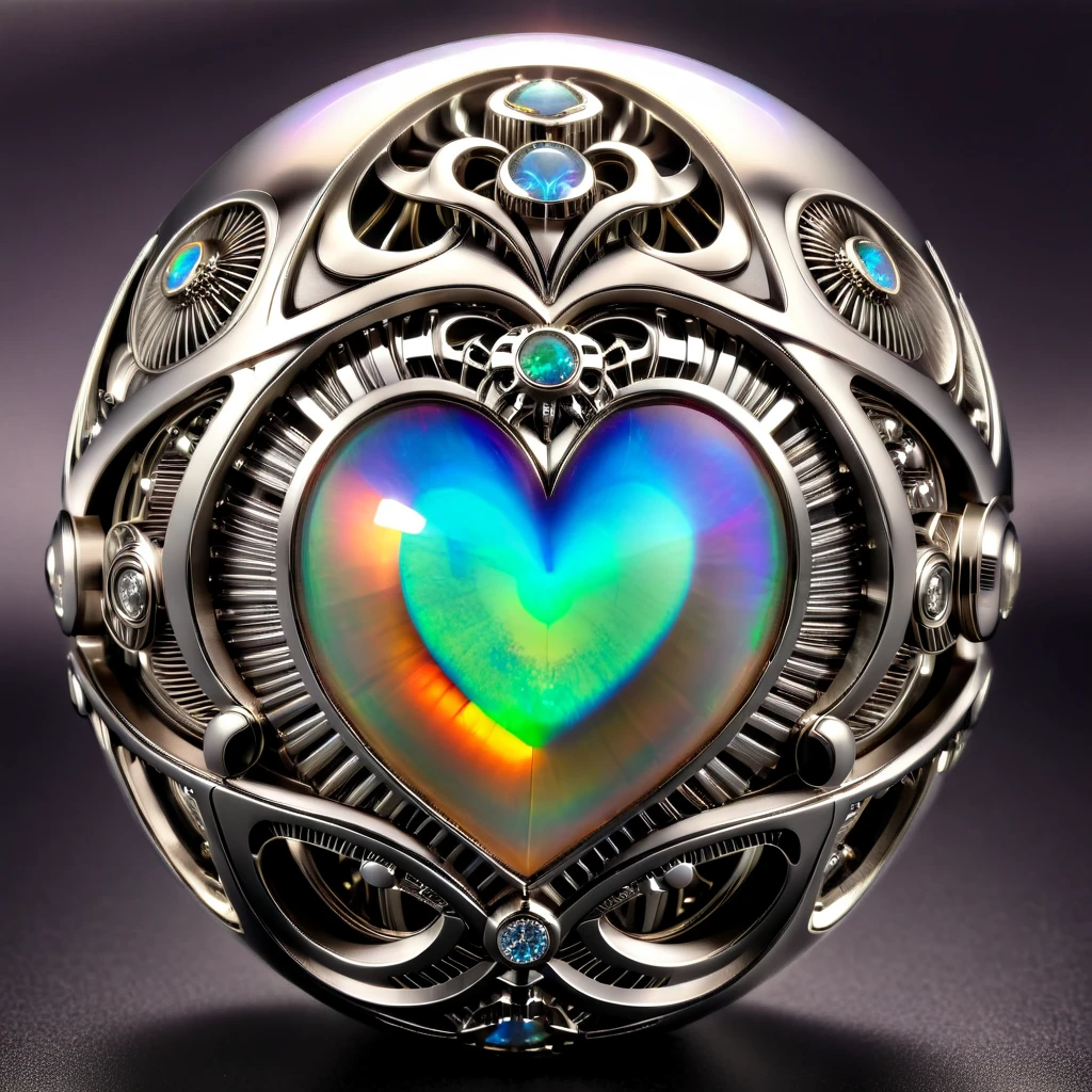 a pure diamond and opal mechanical orb, giger style, silvercarvingcd_xl , rainbow heart aura,