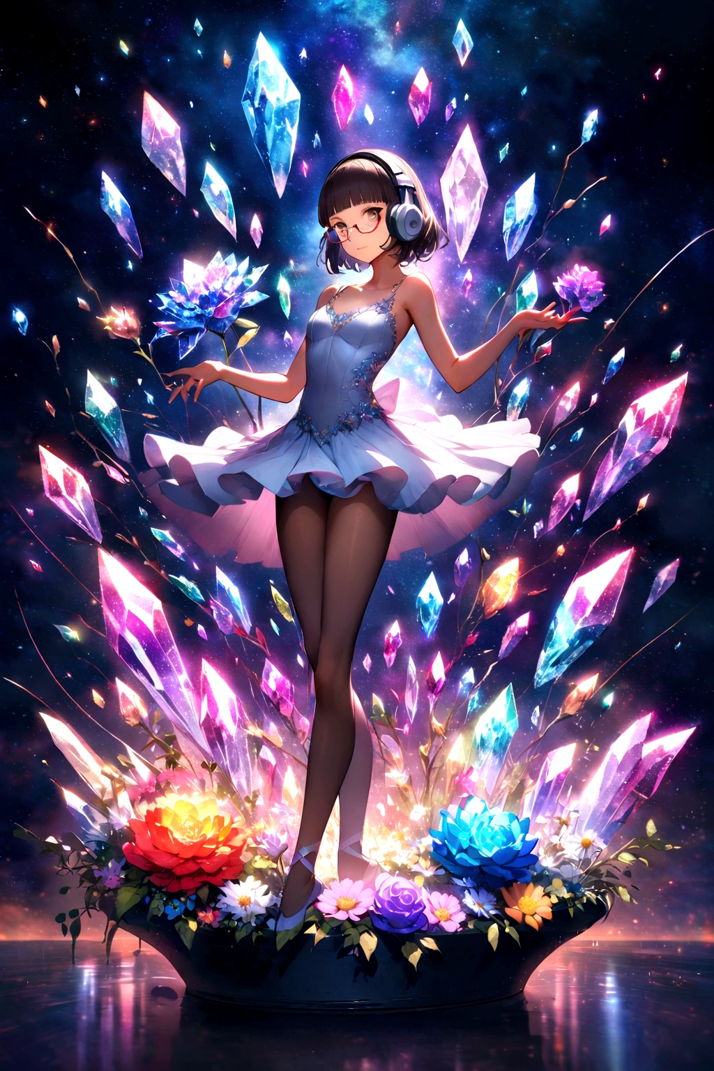 (extremely detailed fine touch:1.3), solo, 1girl, full body, (((semi-rimless eyewear:1.3))), (headphone:1.2), short hair, blunt bangs,bare arms, gem, flower, galaxy, (crystal flowers), ((flowers made of crystals)), ((crystals growing out of flowers)), ballet, ballerina ,opticaltech ,optical fibers,inner glow