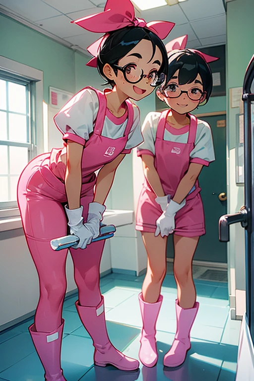 Two elementary school students with freckles and glasses, wearing short-sleeved gym clothes, black hair tied up, and narrow eyes, wearing large pink rubber gloves and white rubber boots, smiling and cleaning the school toilets.