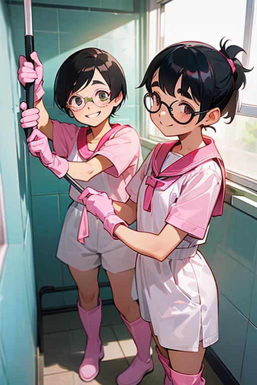 Two elementary school students with freckles and glasses, wearing short-sleeved gym clothes, black hair , and narrow eyes, wearing large pink rubber gloves and white rubber boots, smiling and cleaning the school toilets.