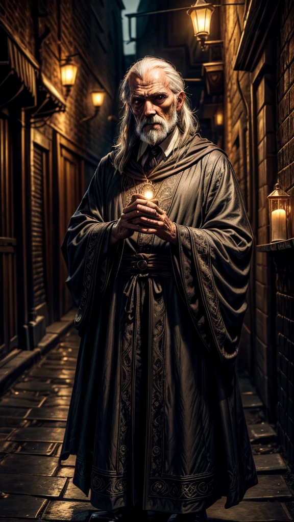 A wizard-like old man, astrology, occult, fortune-telling, crystal ball, candlelight, dark alley, moody atmosphere, detailed face, intricate robes, mysterious expression, dramatic lighting, elderly hands, cobblestone street, urban setting, fantasy, cinematic composition, realistic, photorealistic, masterpiece, 4k, ultra-detailed