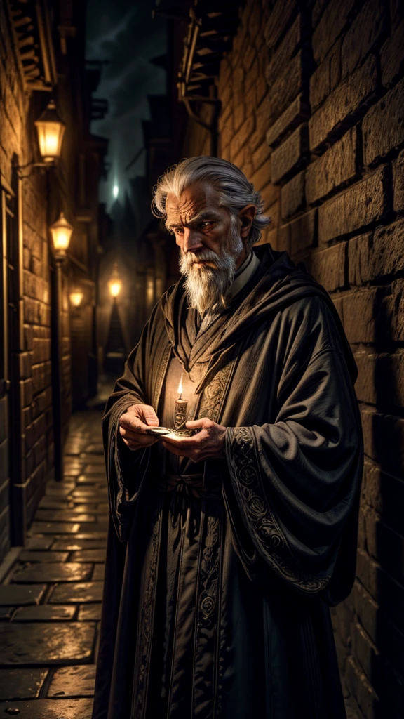 A wizard-like old man, astrology, occult, fortune-telling, crystal ball, candlelight, dark alley, moody atmosphere, detailed face, intricate robes, mysterious expression, dramatic lighting, elderly hands, cobblestone street, urban setting, fantasy, cinematic composition, realistic, photorealistic, masterpiece, 4k, ultra-detailed