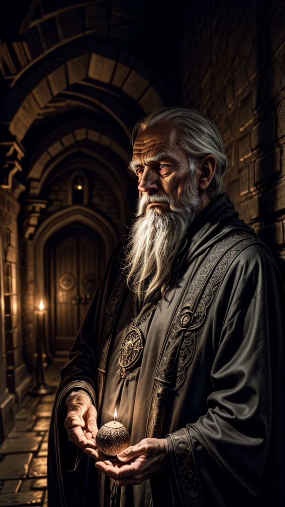 A wizard-like old man, astrology, occult, fortune-telling, crystal ball, candlelight, dark alley, moody atmosphere, detailed face, intricate robes, mysterious expression, dramatic lighting, elderly hands, cobblestone street, urban setting, fantasy, cinematic composition, realistic, photorealistic, masterpiece, 4k, ultra-detailed