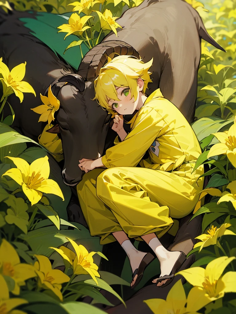 1boy,yellow flowers,green and yellow clothes,kid,goat