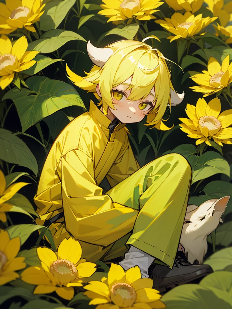 1boy,yellow flowers,green and yellow clothes,kid,goat