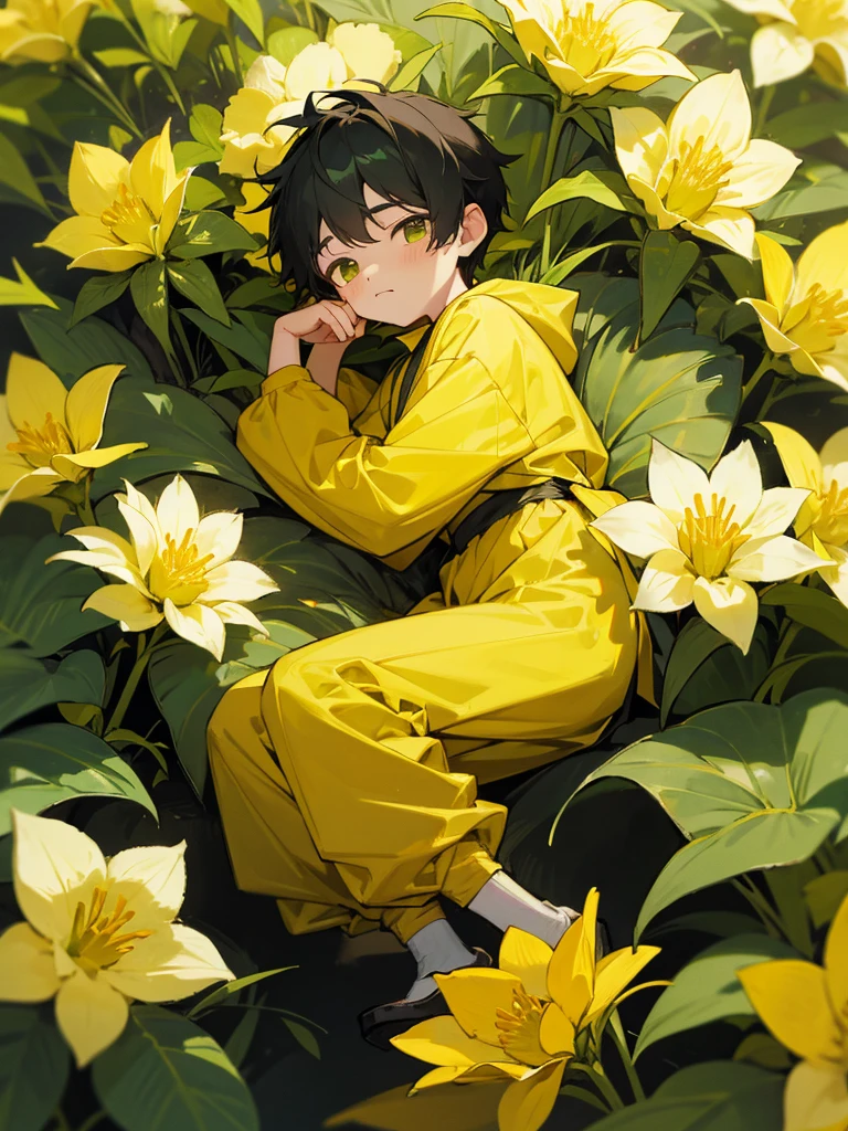 1boy,yellow flowers,green and yellow clothes,???,goat