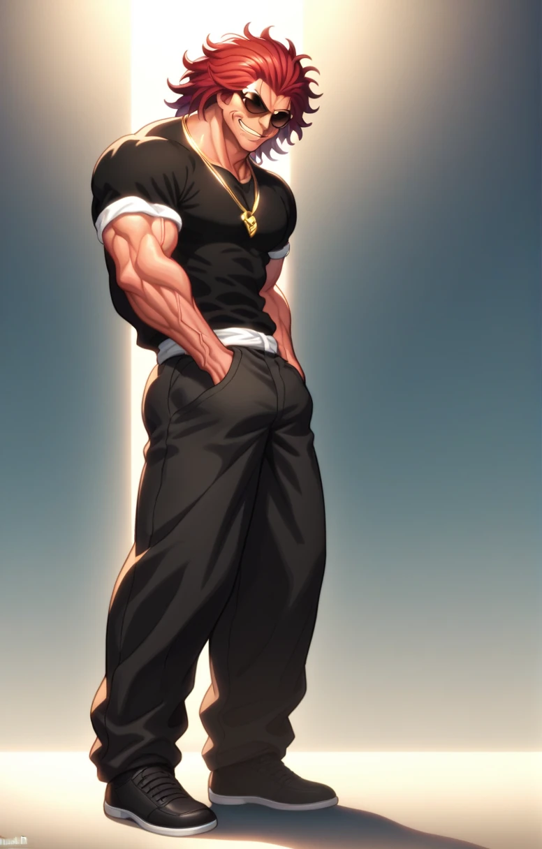 score_9, score_8_up, score_7_up, YujiroHanma, 1boy, male focus, solo, black shirt, muscular male, black pants ,short sleeves, black footwear, (gigant gold necklace:1.6), sunglasses, red hair, manly, veins, dynamic lighting, extremely detailed,(from front), looking at viewer,standing, full body, neutral pose,serious expression,slouching, evil smile, hands in pockets,