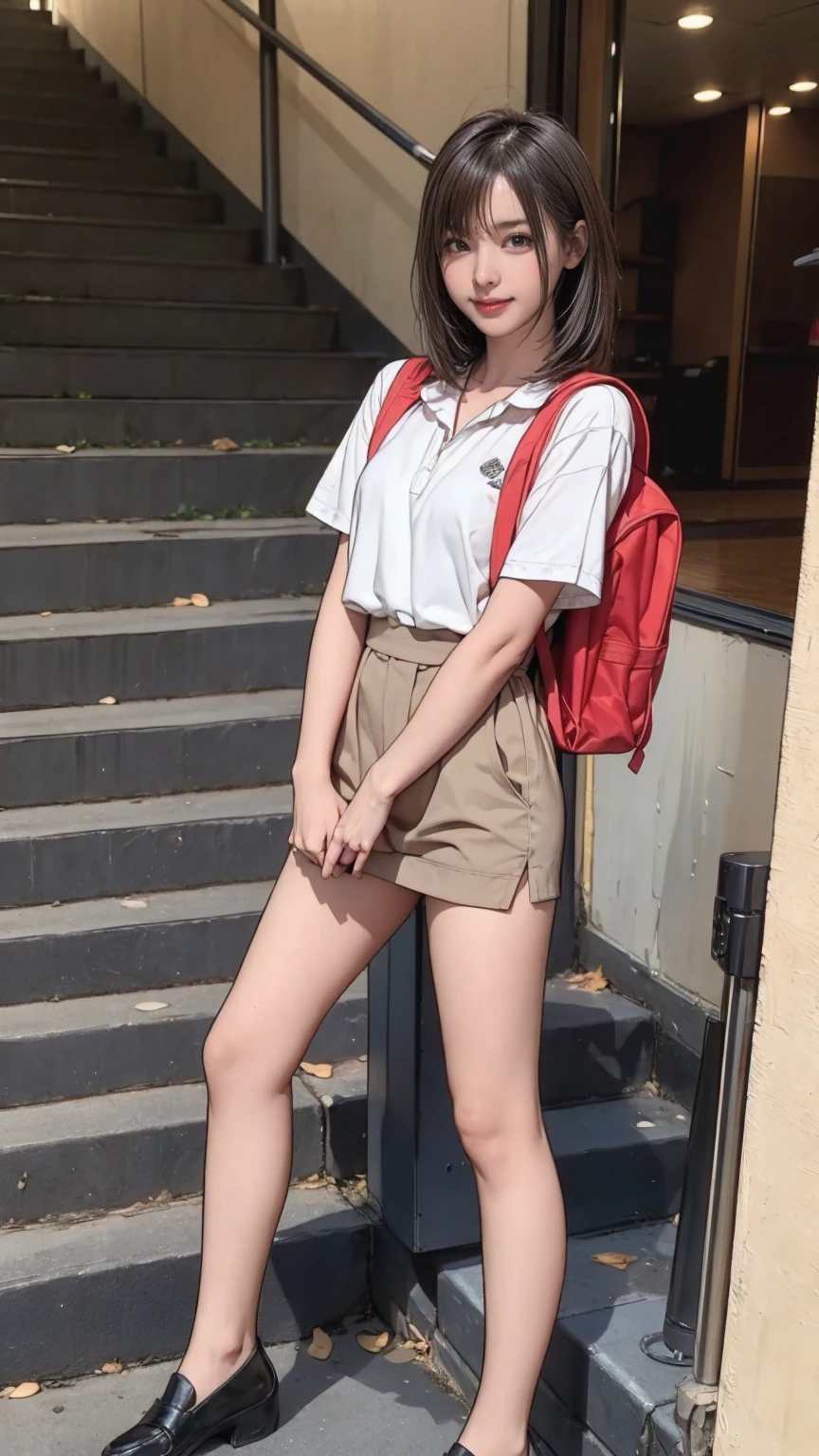 ((masterpiece)),(((Highest quality))),Thin thighs,Long legs,An 18-year-old woman standing on the steps of her school，Japan  uniform:1.5，White camellia floral lace bra:1.5,open chest white shirt，The best smile,Short blonde hair:1.5，short side wave，Carrying a black backpack，Wear black loafers，Spreading her legs