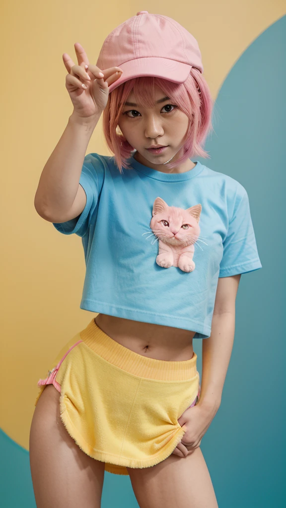 An Asian girl, with pink hair, with a cap in the shape of a light blue kitten, with a fuzzy cropped in the shape of a kitten, underneath a well-detailed yellow and pink t-shirt, a pink and blue fuzzy skirt, with yellow sneakers, with her hands making a peace signal, realistic, studio photo, black background, full bodied