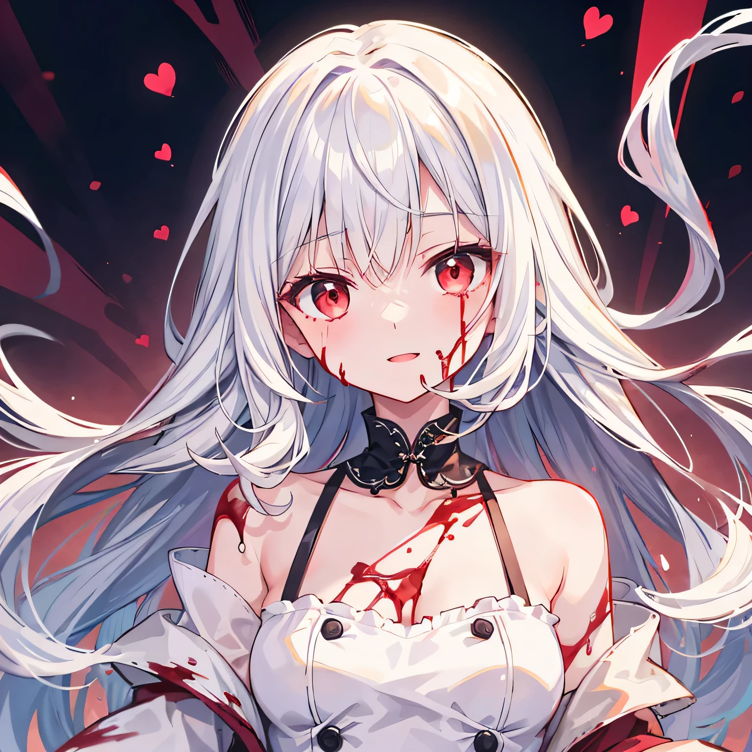 best quality，16-year-old girl with long white hair and red eyes，White Dress，There was blood on his body，Blood Clan，madman，enjoy