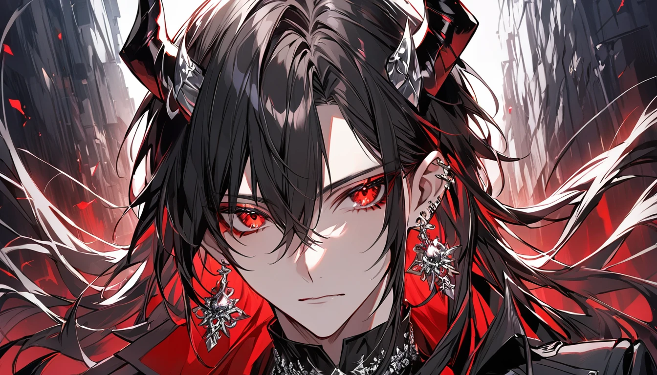 alone, good looking, 1 male, Long hair, Middle parted hair, Black hair, Red eyes, Black shirt, White Thailand, Black Trench Coat, Royal Silver Jewellery, Royal Demon Earrings, Black horns, Front Facing, Vtuber Front Facing Camera