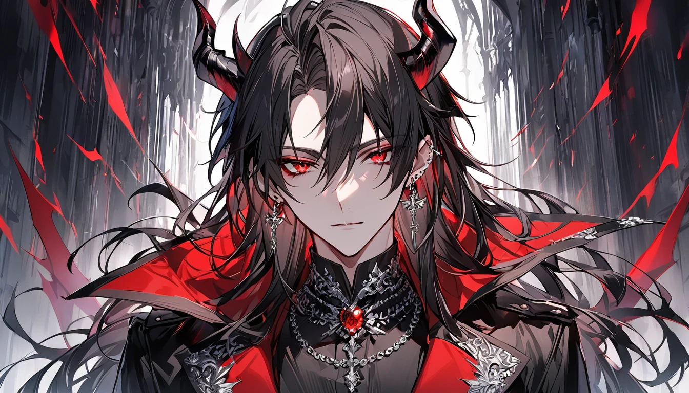 alone, good looking, 1 male, Long hair, Middle parted hair, Black hair, Red eyes, Black shirt, White Thailand, Black Trench Coat, Royal Silver Jewellery, Royal Demon Earrings, Black horns, Front Facing, Vtuber Front Facing Camera