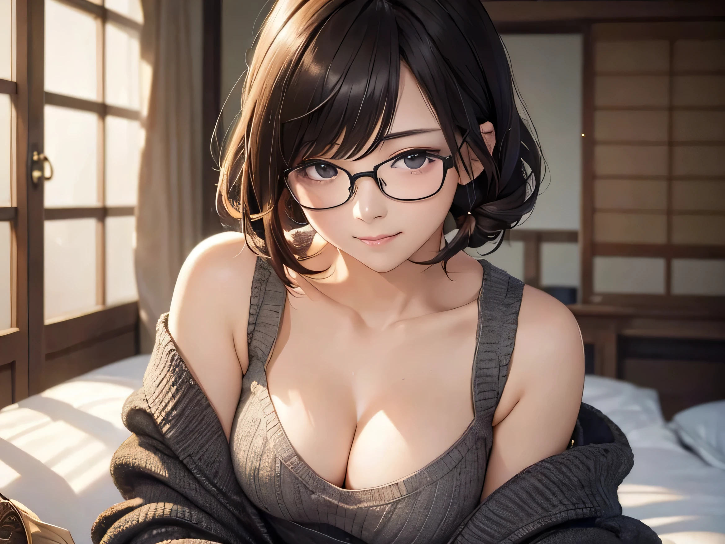 (masterpiece:1.3), (8K, Photorealistic, Raw photo, Best image quality: 1.4), Japanese schoolgirl、(Random Hairstyles:1.2)、Cleavage:1.2、Super detailed face、Attention to detail、double eyelid、Put your chest together、Sharp focus:1.2、Beautiful woman:1.4、Light brown hair、Highest quality、masterpiece、Ultra-high resolution、(Photorealistic:1.4)、Highly detailed and professionally lit smile、Loose, lightweight knitwear、Shoulder out、thin、Serious expression、Short-haired、Deadly position、Black glasses、One person