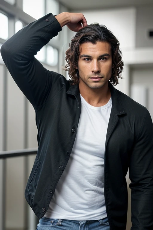 Handsome Man 36, lean muscular body, tan skin olive, his eyes are big and blue, 1.90m, his hair is dark brown with natural waves that flow down his shoulders, a little stubble unshaved, wearing a black jacket, white t-shirt, jeans