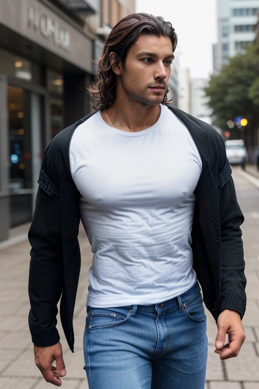 Handsome Man 36, lean muscular body, tan skin olive, his eyes are big and blue,  1.90m, his hair is dark brown with natural waves that flow down his shoulders, a little stubble unshaved, wearing a black jacket, white t-shirt, jeans 