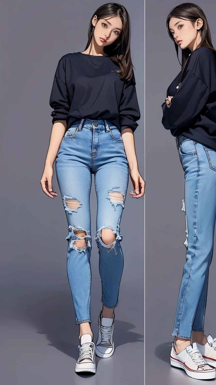 ((masterpiece,best quality;1.3,best illustration)),((character design sheet)) 1 woman,19 year old attractive beauty, Wearing the, seoul, long oversized shirt, skinny jeans, converse sneakers
