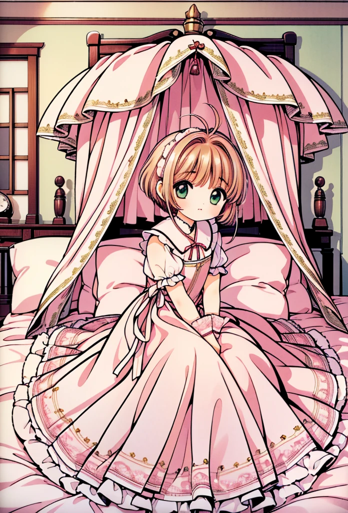 (masterpiece,best quality,best quality, masterpiece),my own, , , (适合任何Pillow背景的光影)), 穿着公主裙的可爱女孩在Pillow上摆姿势 ,pajamas,,(很多Pillow),Soft cushion,,,,很多Pillow,,,(Pillow),(A tail),,(充满细节的Pillow),(Love around the protagonist),Steam,,(Pillow),(palace),(Palace bedroom),(Pillow),柔软的Pillow,,(Classical European style bedroom ),(excited,shy person,Lack of expressiveness,),,, ((Maximum resolution)), artwork, ,,,(Interior of the palace),,(Deluxe Rococo Canopy King Bed),On a big and spacious bed,(),,,,Luxurious curtains with ornate ruffles and ribbons surround the bed,((((There are many pillows piled on the bed)))),Detail of Quilt,Detailed bed sheets,Ruffled Bed Skirt,Deep Bed,Background with depth,((详细的Pillow)), ((((大量的Pillow)))),,,详细的软Pillow,,((女孩正躺在许多柔软的Pillow上,周围有许多Pillow)),。Many small feathers fluttering、 带褶边和缎带的长裙pajamas、In a huge, Large canopy bed、Soft pink sheets and quilt、色彩鲜艳的柔软Pillow、很多带褶边的Pillow和带褶边的床裙、Soft toned bed、Ruffled curtains around the bed.。Delicate face。Background with depth,kinomoto sakura,(kinomoto sakura, 1girl, brown hair, short hair, antenna hair, , green eyes),princess bed
