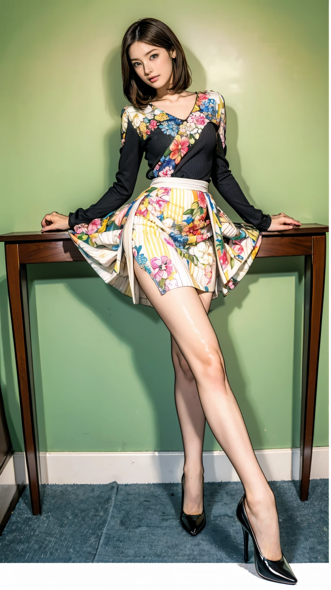 ((masterpiece)),(((Highest quality))),Thin thighs,Long legs,whole body:1.5，(One Girl:1.3),(Black pantyhose and thick pointy heels：1.3),(Wearing a floral striped mid-long flared skirt dress:1.2),Short blonde hair:1.2、Model pose with legs spread wide，