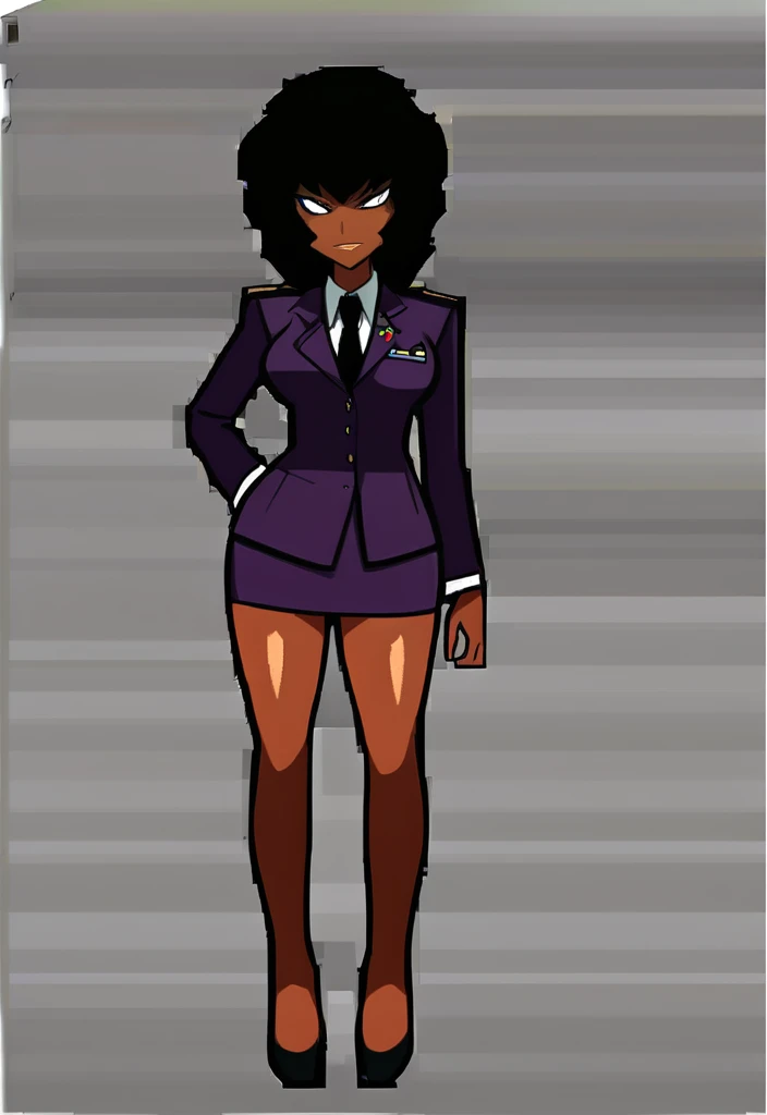 Make a evil military black anime woman in a purple skirt suit witha tie on full body 