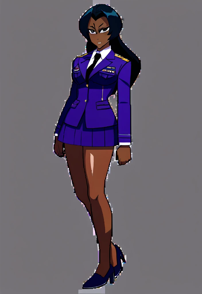 Make a evil military black anime woman in a purple skirt suit witha tie on full body