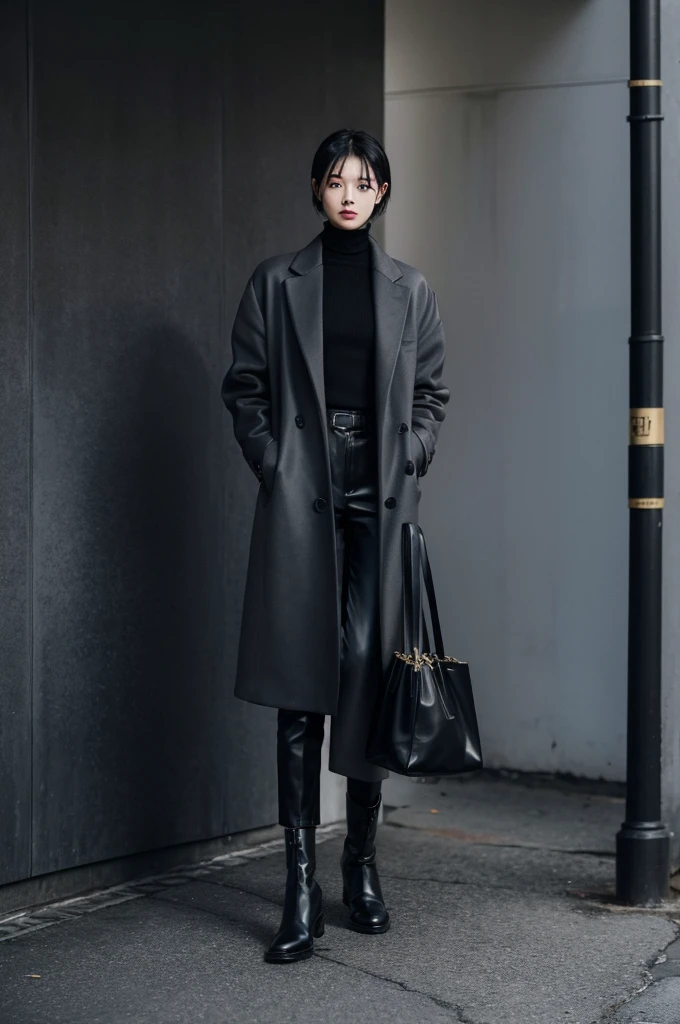 Black turtleneck,long coat（grey),Silver simple necklace,Black leather ankle boots,Black Leather Tote,175cm tall and thin Japanese male，short black hair，Gives people a mysterious feeling，Full of confidence，as if shrouded in shadow，Stand in the street。