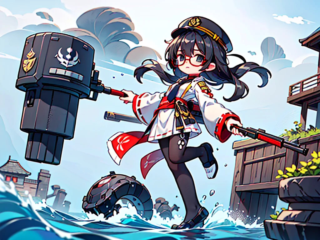 (((masterpiece, Vision))), ((((Full body of a woman with perfect flat chest、1 Female、solo、Short unkempt black hair、Tie your messy hair at the nape of your neck、white military jacket、Miko costume、black tights、Black glasses are black、White military cap、Cloudy black eyes、Confused eyes、Junyo-inspired emblem)))), (((Shipgirl))), ((Floating on the morning sea with both feet)), (Standing with your legs apart)), Aim, (Hold the shotgun turret grip with your right hand), (Four mechanical tentacles extending from its back each hold a turret), (Equipped with a bridge on the back), (His left arm holds the grip of a triple machine gun),