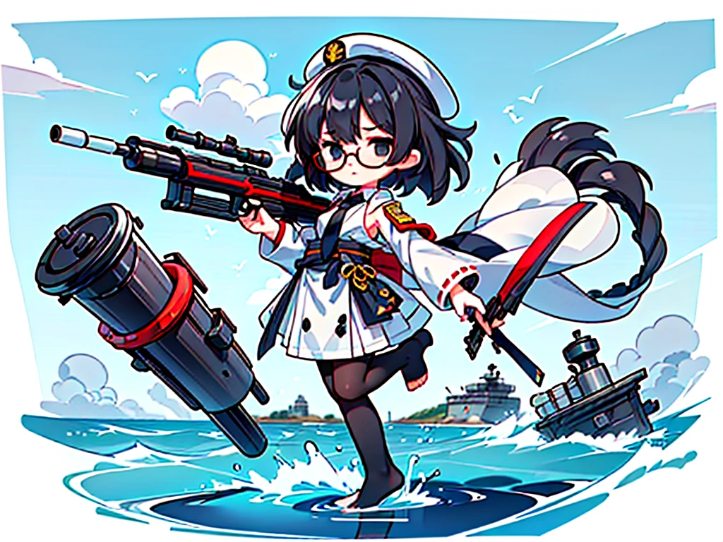 (((masterpiece, Vision))), ((((Full body of a woman with perfect flat chest、1 Female、solo、Short unkempt black hair、Tie your messy hair at the nape of your neck、white military jacket、Miko costume、black tights、Black glasses are black、White military cap、Cloudy black eyes、Confused eyes、Junyo-inspired emblem)))), (((Shipgirl))), ((Floating on the morning sea with both feet)), (Standing with your legs apart)), Aim, (Hold the shotgun turret grip with your right hand), (Four mechanical tentacles extending from its back each hold a turret), (Equipped with a bridge on the back), (His left arm holds the grip of a triple machine gun),