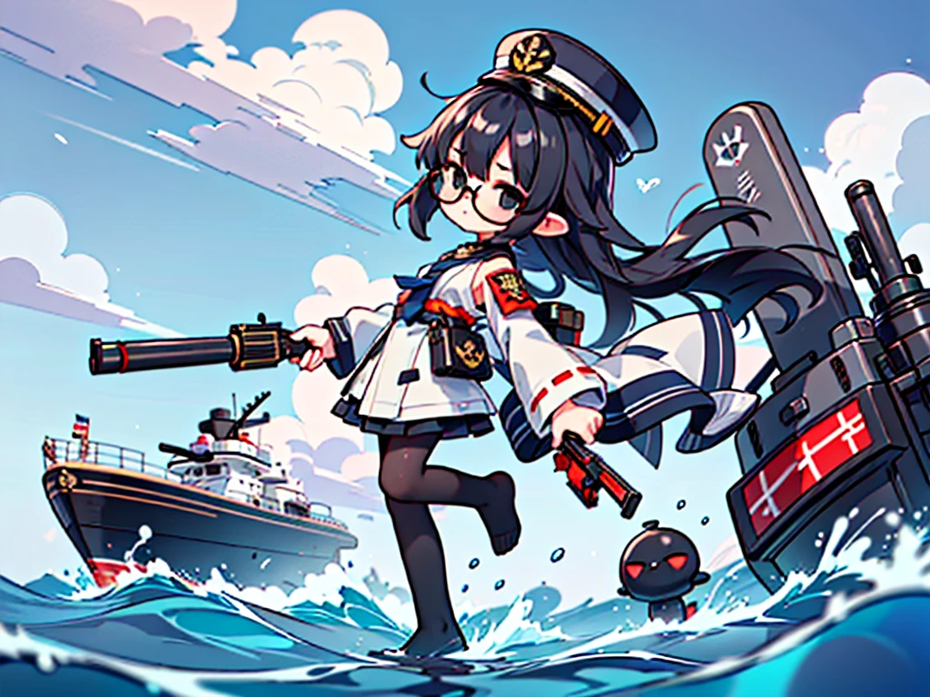 (((masterpiece, Vision))), ((((Full body of a woman with perfect flat chest、1 Female、solo、Short unkempt black hair、Tie your messy hair at the nape of your neck、white military jacket、Miko costume、black tights、Black glasses are black、White military cap、Cloudy black eyes、Confused eyes、Junyo-inspired emblem)))), (((Shipgirl))), ((Floating on the morning sea with both feet)), (Standing with your legs apart)), Aim, (Hold the shotgun turret grip with your right hand), (Four mechanical tentacles extending from its back each hold a turret), (Equipped with a bridge on the back), (His left arm holds the grip of a triple machine gun),