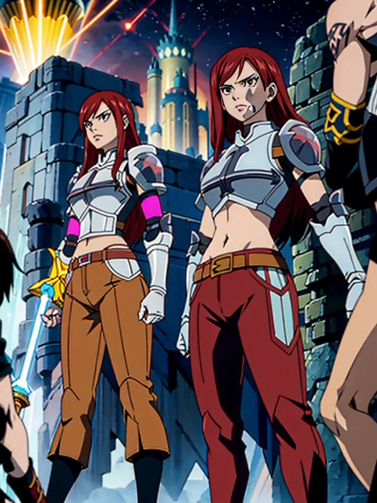 erzascarlet, brown eyes, long red hair, skinny, lean toned body physique, wide hips big hips, tan, trim stomach, big breasts, crystalline armor, diamond armored chestplate, tight iridescent pants fishscale-pattern, leather elbow gloves, thick lips, glowing lightsaber, rocket boots, depth of field, perspective, foreshortening, angle composition